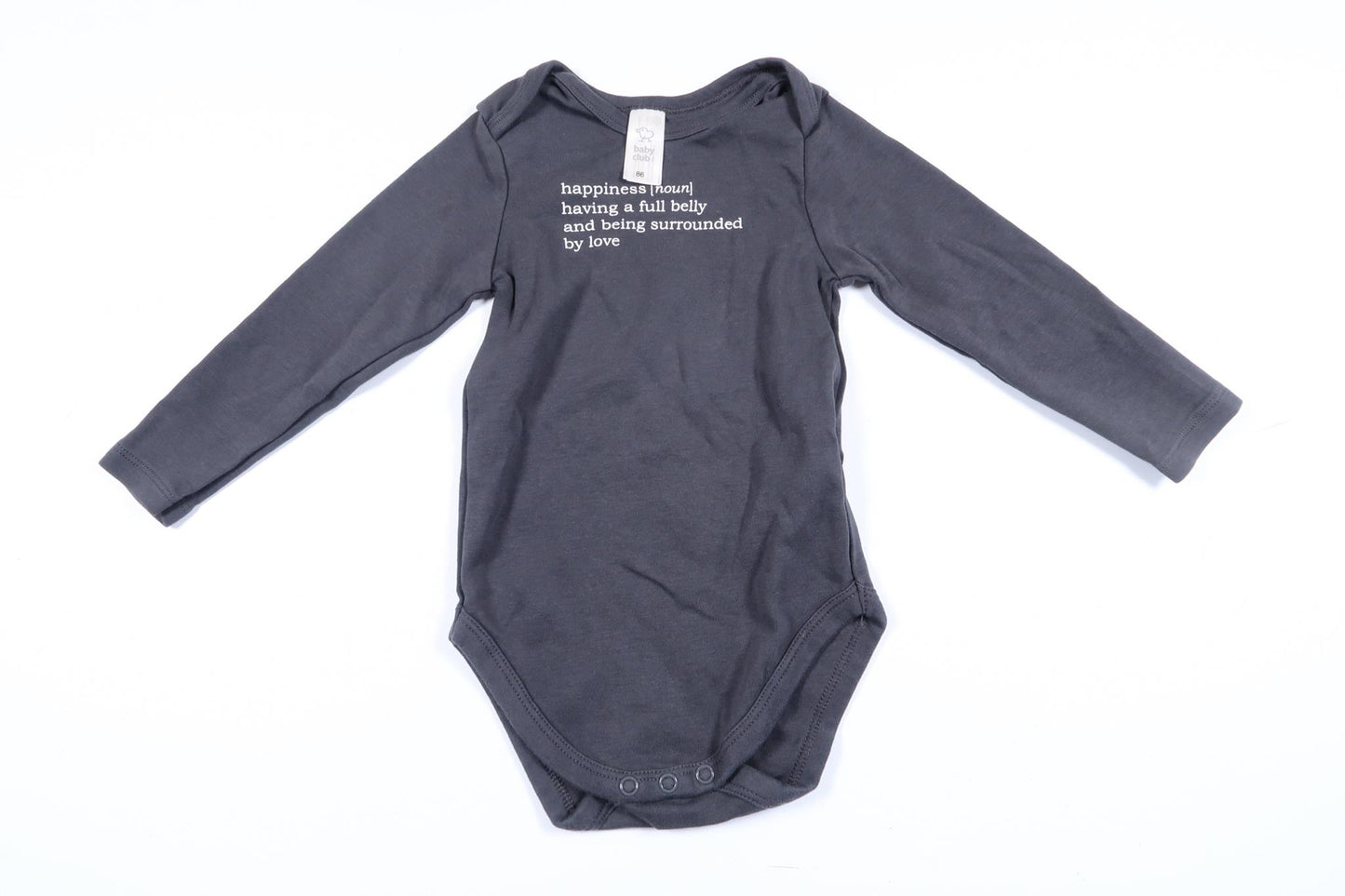 Gray long-sleeved bodysuit with text from Baby Club in size 86