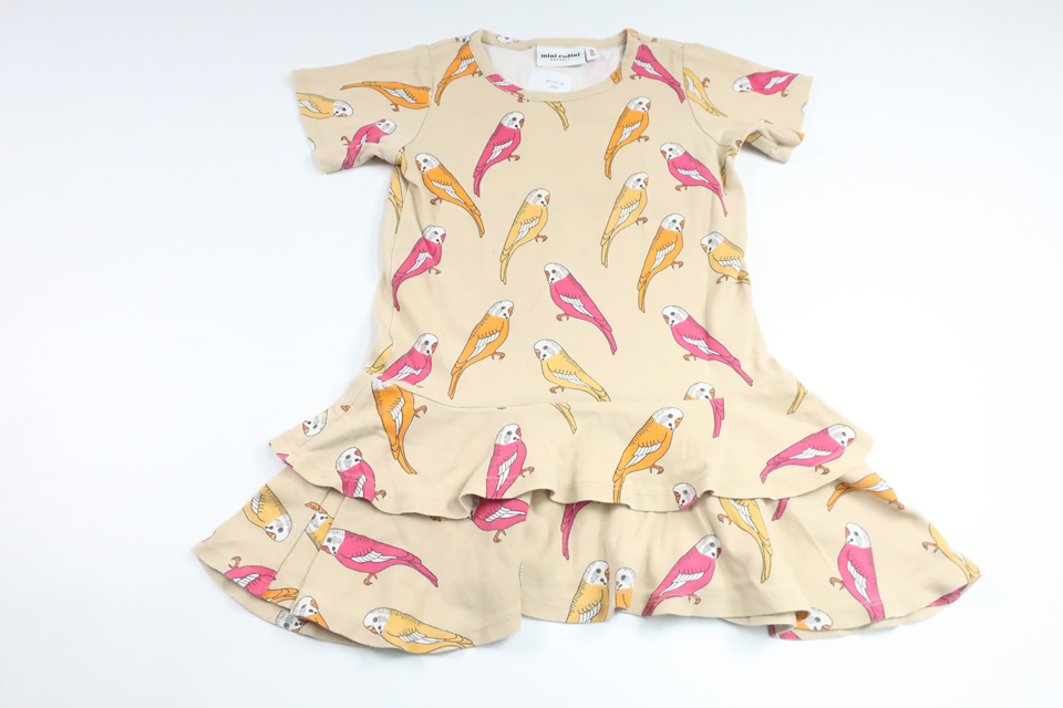 Dress with budgies from Mini Rodini - Size 116/122 - Beige